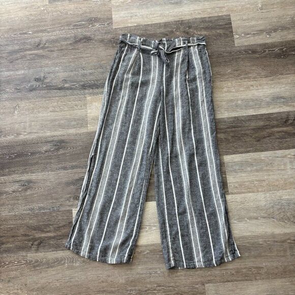 Happily Grey Linen Blend Striped Wide Leg Pants XL Paperbag Waist Belted Casual - Picture 3 of 14